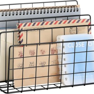 3 Slot Metal Desk Mail Organizer, Mesh Small Large File Magazine Book Record Holders Letter Organizer, Bill/Document/Filing/Folders/Paper Organizer for Desktop (Black-Large)