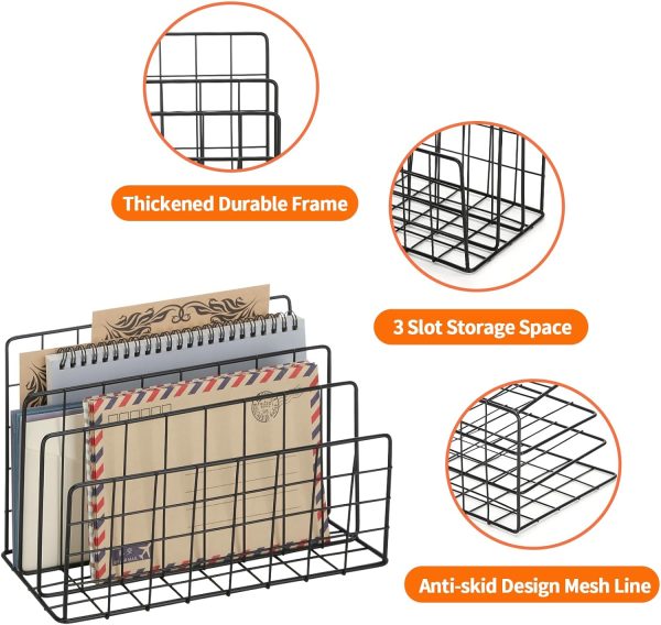 3 Slot Metal Desk Mail Organizer, Mesh Small Large File Magazine Book Record Holders Letter Organizer, Bill/Document/Filing/Folders/Paper Organizer for Desktop (Black-Large) - Image 4