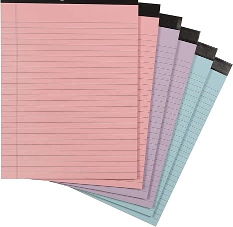 Wide Ruled 8.5 x 11.75-Inch 50 Sheet Perforated Lined Writing Note Pads, Pack of 6, 300 Count, Multicolor