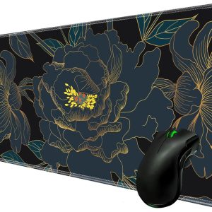 Large Desk Pad Protector,Edge Stitched Mouse Pad,Non-Slip Laptop Desk Mat,Waterproof Desk Writing Pad for Office and Home,31.5 x 11.8 Inch – Golden Black Tropical Flowers