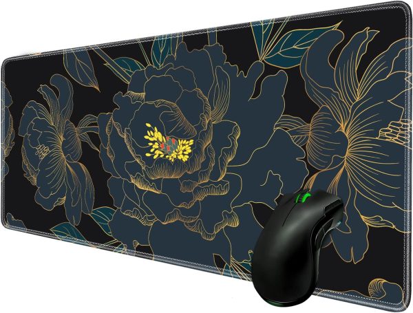 Large Desk Pad Protector,Edge Stitched Mouse Pad,Non-Slip Laptop Desk Mat,Waterproof Desk Writing Pad for Office and Home,31.5 x 11.8 Inch - Golden Black Tropical Flowers