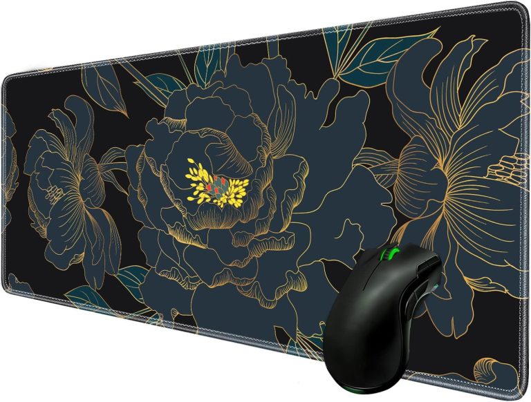 Large Desk Pad Protector,Edge Stitched Mouse Pad,Non-Slip Laptop Desk Mat,Waterproof Desk Writing Pad for Office and Home,31.5 x 11.8 Inch – Golden Black Tropical Flowers
