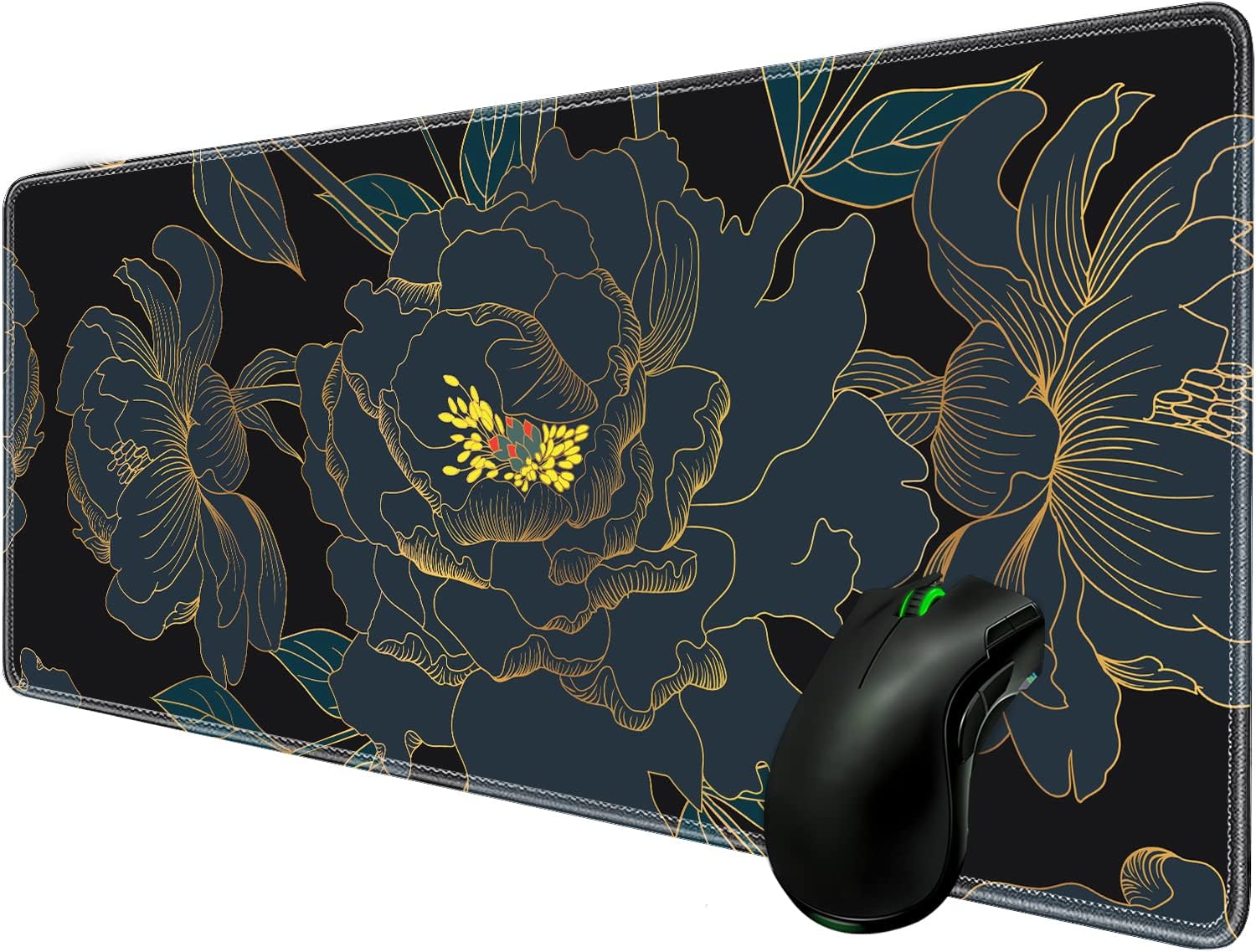 Large Desk Pad Protector,Edge Stitched Mouse Pad,Non-Slip Laptop Desk Mat,Waterproof Desk Writing Pad for Office and Home,31.5 x 11.8 Inch – Golden Black Tropical Flowers
