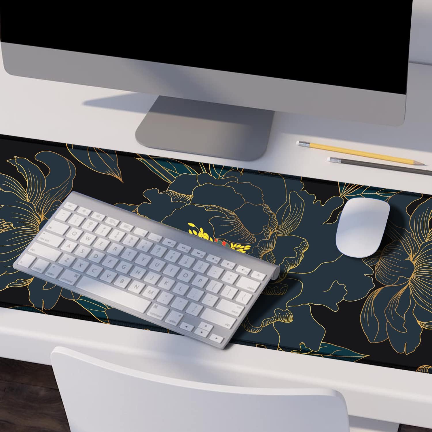 Large Desk Pad Protector,Edge Stitched Mouse Pad,Non-Slip Laptop Desk Mat,Waterproof Desk Writing Pad for Office and Home,31.5 x 11.8 Inch – Golden Black Tropical Flowers