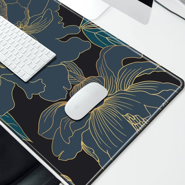 Large Desk Pad Protector,Edge Stitched Mouse Pad,Non-Slip Laptop Desk Mat,Waterproof Desk Writing Pad for Office and Home,31.5 x 11.8 Inch - Golden Black Tropical Flowers - Image 3