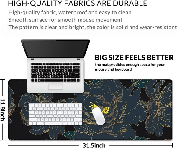 Large Desk Pad Protector,Edge Stitched Mouse Pad,Non-Slip Laptop Desk Mat,Waterproof Desk Writing Pad for Office and Home,31.5 x 11.8 Inch - Golden Black Tropical Flowers - Image 4