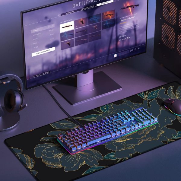 Large Desk Pad Protector,Edge Stitched Mouse Pad,Non-Slip Laptop Desk Mat,Waterproof Desk Writing Pad for Office and Home,31.5 x 11.8 Inch - Golden Black Tropical Flowers - Image 6