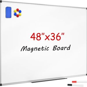 Magnetic Dry Erase Whiteboard 48 x 36 Inch – 4 x 3 Large White Board, Silver Aluminum Frame Wall-Mounted, Magnetic Eraser, 2 Pen, Detachable Marker Tray, 6 Magnets for Office, School