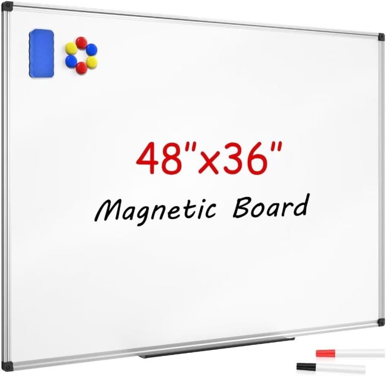 Magnetic Dry Erase Whiteboard 48 x 36 Inch – 4 x 3 Large White Board, Silver Aluminum Frame Wall-Mounted, Magnetic Eraser, 2 Pen, Detachable Marker Tray, 6 Magnets for Office, School