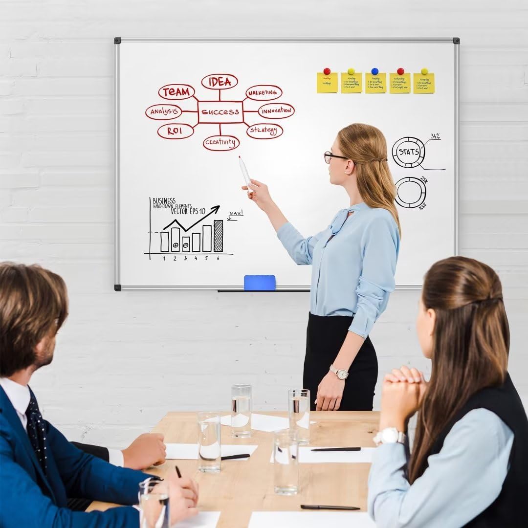 Magnetic Dry Erase Whiteboard 48 x 36 Inch – 4 x 3 Large White Board, Silver Aluminum Frame Wall-Mounted, Magnetic Eraser, 2 Pen, Detachable Marker Tray, 6 Magnets for Office, School