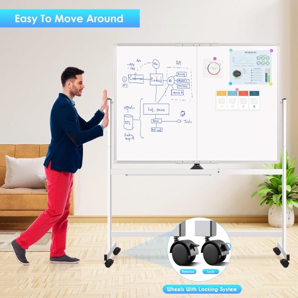 maxtek Rolling Whiteboard, 48x36 Large Magnetic White Board with Stands, Big Double-Sided White Board Dry Erase on Wheels for Homeschool, Home Office, Office, School (Silver, 48 x 36) - Image 3